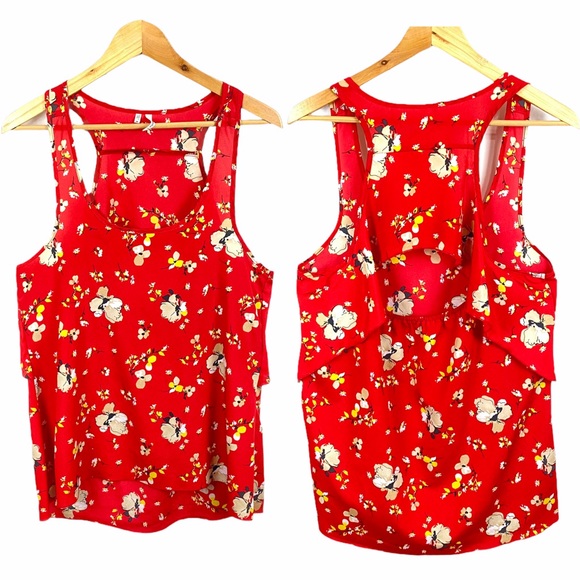 Studio Y Red Ruffle Floral Keyhole Back Chiffon Sleeveless Blouse Tank Top Red M - Picture 8 of 9